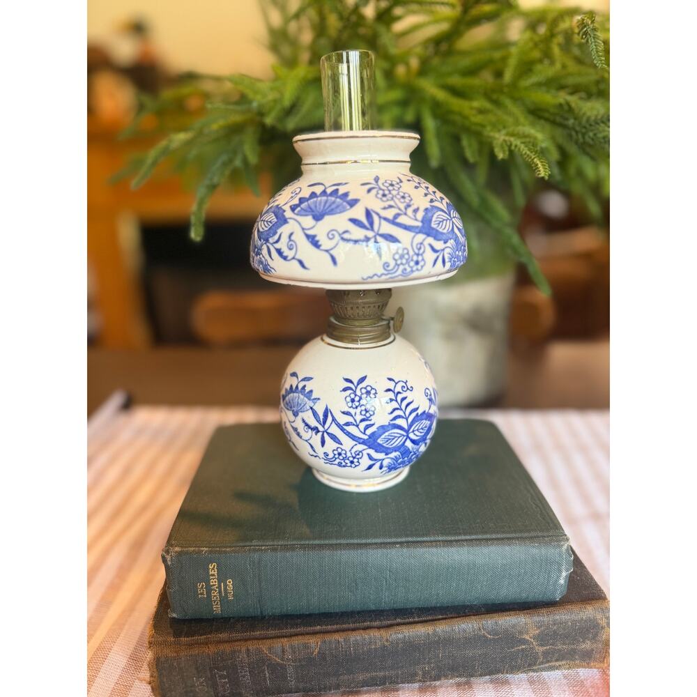 Vintage Japan 8.5" Blue/White Ceramic Oil Lamp in the Blue Onion Design, CMI Inc